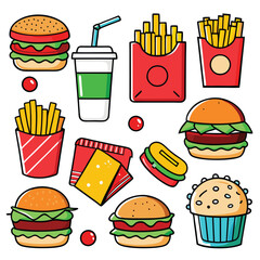 An illustration of various burger and fast-food items