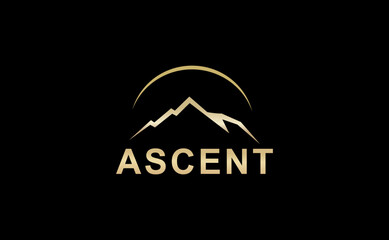 Ascent peak mountain logo design, abstract nature adventure vector with summit symbol, hiking expedition, success journey and outdoor travel landscape concept