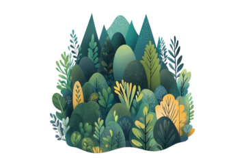 Abstract Watercolor Forest Illustration with Layered Trees, Transparent Background. 