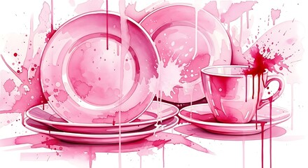 Watercolor Pink Dinnerware: Tea Cup, Plates, Artistic Splatters on White Backdrop, Minimalist Kitchen Art, Refreshing Breakfast Still Life