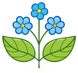 Stylized Illustration of Three Blue Forget Me Not Flowers with Green Leaves