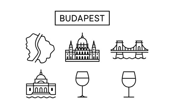 Budapest icon set: line art of famous landmarks and wine