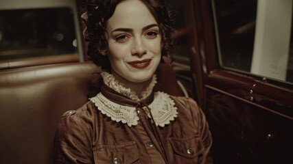Victorian styled woman smiling subtly in dim warm interior light Concept of vintage elegance and period portrait