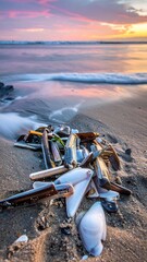 Beach Pollution - A Pile of Trash on the Shoreline at Sunset.
