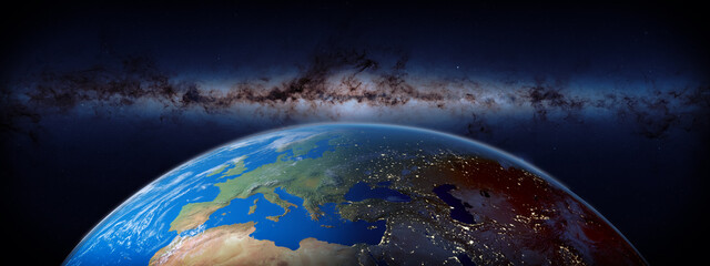 View of Earth from space showing illuminated by city lights at night, with the Milky Way galaxy stretching across the background.3d render. Elements of this image are furnished by NASA.
