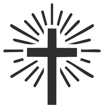 Black silhouette of a Christian cross with shining light rays a simple graphic icon symbolizing faith hope and resurrection