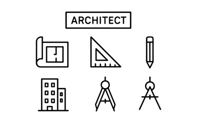 Architectural design elements: blueprint, tools, and building icons in linear style