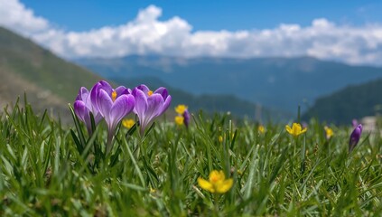 Fresh Crocuses Bloom in Mountain Range, seasonal change