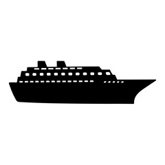 Obraz premium Black silhouette of cruise ship or ocean liner icon, Simple black icon of a large passenger cruise ship with windows, symbolizing travel, sea transportation, vacation, or maritime tourism. 