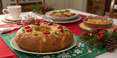 Fototapeta premium Traditional Spanish Roscon de Reyes sweet bread with candied fruits and almonds on festive table.