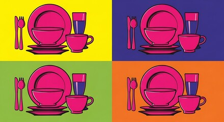 Pop Art Plates and Cutlery: Vibrant Grid of Dinner Sets with Bold Color Blocks, Contemporary Kitchenware Illustration, Retro Style