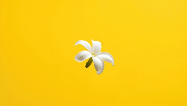 White jasmine flower petals drifting against a bright yellow backdrop, symbolizing levitation and zero gravity. High definition photo. - Powered by Adobe