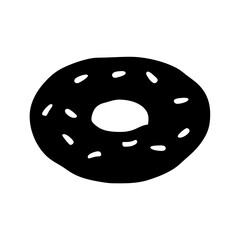 Simple black donut with white sprinkles on a white background drawing