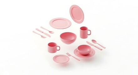Organized Pink Tableware Set: Elegant Kitchenware Layout on Bright White Surface for Stylish Presentation