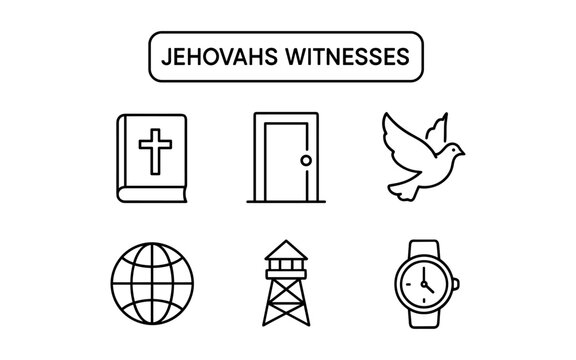Jehovah's witnesses symbols: bible, door, dove, globe, watchtower, watch
