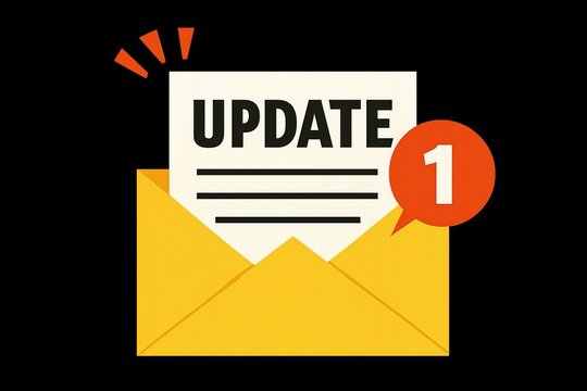 Yellow envelope with a document labeled update and a notification bubble showing the number one