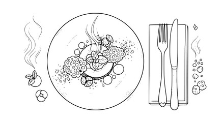 Elegant hand-drawn gourmet food plate top view, artistic plating, fresh herbs, cutlery on napkin, steam rising, fine line culinary illustration. Minimal luxury dining style, white background, 