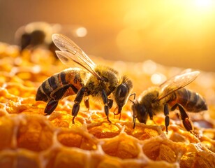 Bees on Honeycomb - A Close-Up of Natures Sweetness.