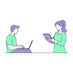 Two people are depicted working with technology, one using a laptop and the other a tablet.