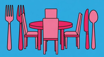 Stylized Table Setting: Graphic Dining Table with Pink Utensils and Chairs on Azure Backdrop