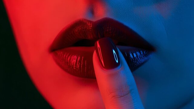 Closeup of womans lips with dark lipstick and finger on lips
