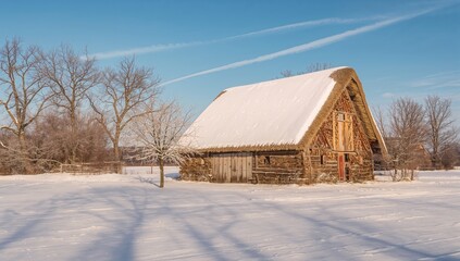 Winter landscape featuring a snow-covered barn, showcasing rural charm and seasonal beauty