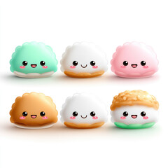 Collection of cheerful kawaii mochi characters in pastel colors, each with a cute smiling face and rosy cheeks, offering a delightful and sweet japanese confectionery illustration