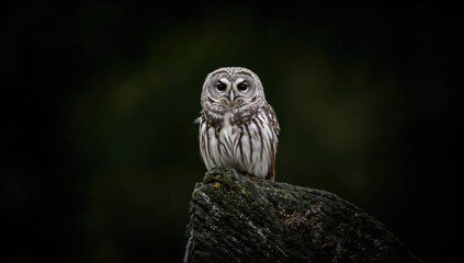 A small owl perched on a stone gazing directly into the lens.