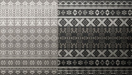 Seamless geometric ethnic texture design in monochrome tones, suitable for editorial backgrounds