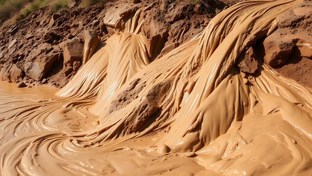 phonolite. Muddy slurry flowing down a hillside, creating viscous patterns in natural daylight. ESG reports, sustainability campaigns, designed for environmental awareness campaigns.