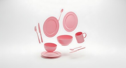 Pink Tableware Collection: Minimalist Kitchenware Set in Pastel Color Palette on Neutral Backdrop