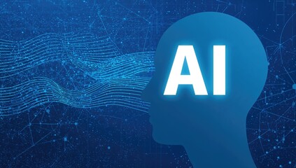 Blue Machine Learning and AI Design Featuring Human and Robot Head Silhouettes with Neural Network Connections, Technology Efficiency