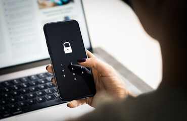 Privacy with mobile password. Data protect in phone with AI cybersecurity from fraud. Online information or identity scam. Cyber verifacion safety on internet bank digital account.