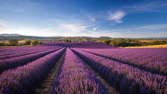 Beautiful morning scene featuring a lavender field in bloom