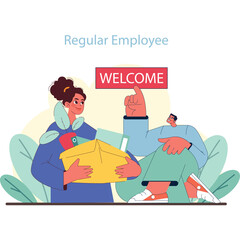 Two Diverse Colleagues Holding Welcome Sign and Yellow Envelope with Plant Decorations and Light Yellow Background Casual Outfit Styles