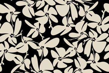 Modern seamless pattern featuring abstract floral silhouettes in beige on a black background. Perfect for textile prints, wallpaper, fashion fabric, wrapping paper, and contemporary interior design