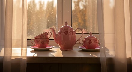 Pink Tea Set on Wooden Table near Window with Afternoon Sunlight Warmly Illuminating Scene