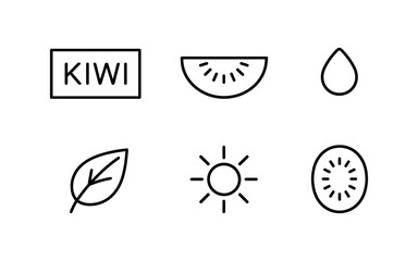 Obraz premium Simple linear icons of kiwi, sun, and nature elements