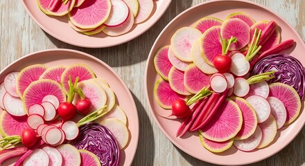 Vibrant Plates of Watermelon Radishes and Purple Cabbage Creating a Visually Appealing Food Composition