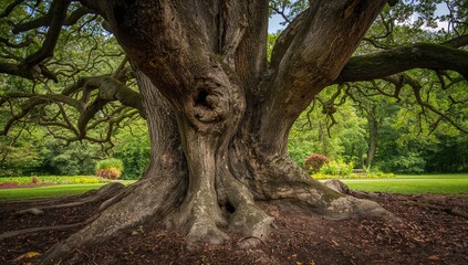 Obraz premium Ancient tree trunk roots set against a park backdrop, highlighting the texture of nature in summer
