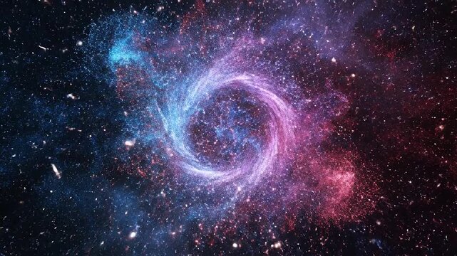 Glowing blue and red particles colliding and shimmering.