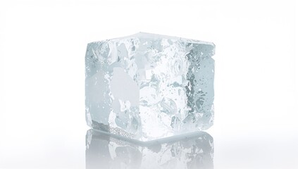 Obraz premium Clear natural ice block with light blue hues on a glossy white surface, highlighting seasonal change