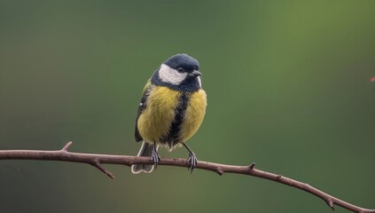 Fototapeta premium Small Eurasian Great Tit (Parus Major) Perched On A Branch Amidst Fog, Focused On Its Natural Habitat