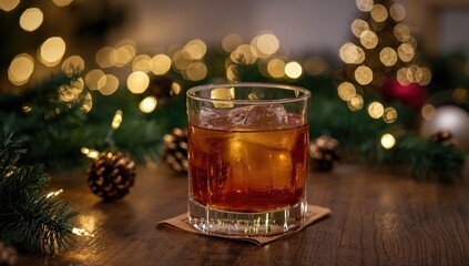 Festive warm beverage in a glass with seasonal decorations and glowing lights on a wooden surface during the winter holidays.