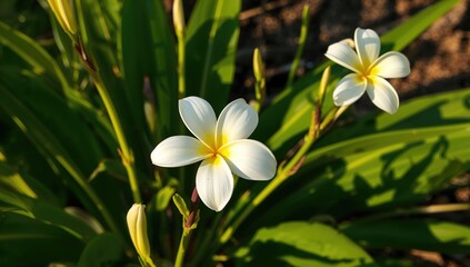 Fototapeta premium White and yellow plumeria blossoms in a garden setting