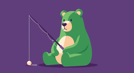 Whimsical depiction of a green bear enjoying a tranquil fishing excursion amidst nature