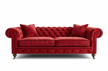 Fototapeta premium Vintage red velvet sofa with quilted design on plain white backdrop