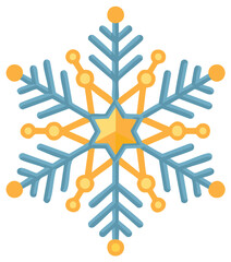 Vibrant blue and golden orange stylized snowflake icon with a bright star center winter holiday illustration graphic