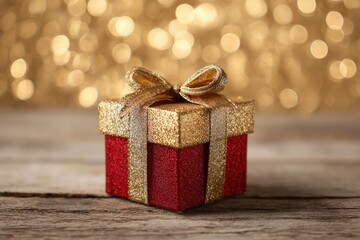 A beautifully wrapped gift box with a textured, sparkling red base and a shimmering golden lid, adorned with a matching glittery golden bow, rests centrally on a rustic wooden surface. The background 