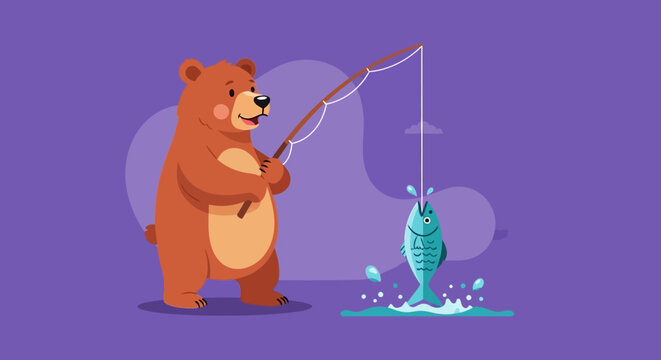 A whimsical illustration of a bear fishing, catching a fish in a simplistic and charming style